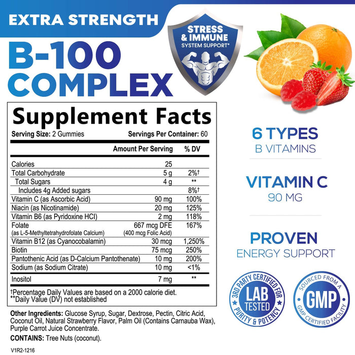 B Complex Supplement Gummies with Vitamin C & Folic Acid, Extra Strength Super Vitamin B Gummy with Niacin, B6, Folic Acid, B12, Biotin, Nature's Energy Immune Support Supplements - 120 Gummies