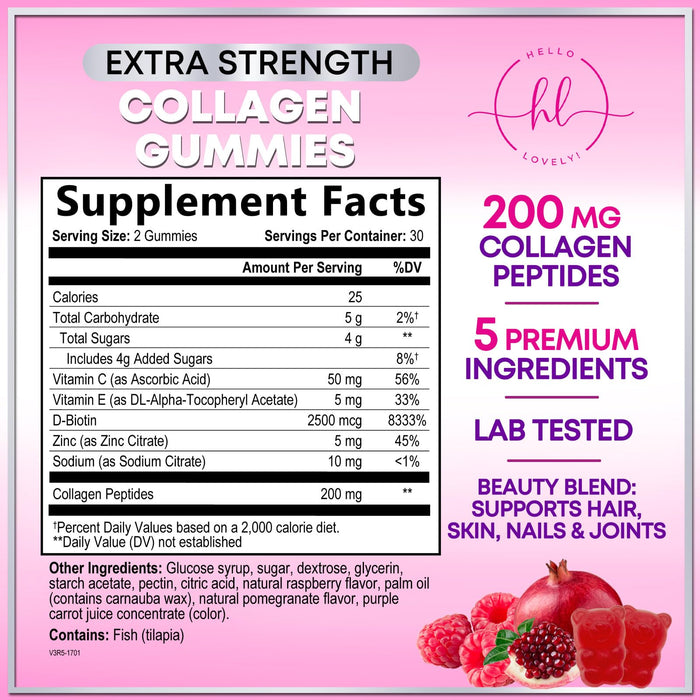 Collagen Gummies for Women - Extra Strength Collagen Peptides Gummy with Vitamin C, Zinc and Biotin, Hydrolyzed Protein Peptides Supplement for Hair, Nail & Healthy Skin Support, Non-GMO - 60 Gummies