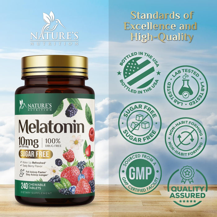 Melatonin 10 mg Fast Dissolve, Melatonin Supplements for Restful Sleep, Natural Sleep Support Supplement for Adults, Extra Strength Strawberry-Flavored Tablets, Sugar Free, 240 Tablets, 120 Day Supply