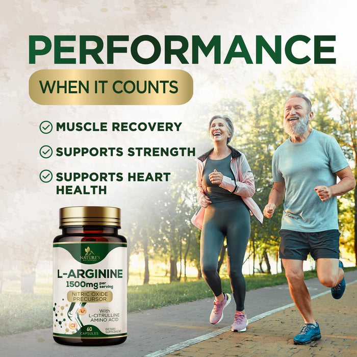L-Arginine Supplement 1000mg with L-Citrulline - Heart Health Support - Muscle Supporting Nitric Oxide Precursor Booster for Extra Strength - Non-GMO Amino Acid Energy Blend For Men - 60 Capsules