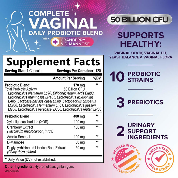 Vaginal Probiotics for Women pH Balance with Prebiotics, 50 Billion CFU, 10 Probiotic Strains, Cranberry, D-Mannose & XOS - Healthy Vaginal Odor & Flora, UT & Feminine Digestive Health - 120 Capsules