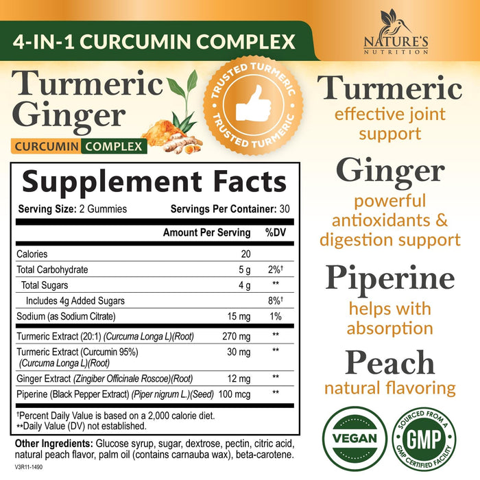 Turmeric Gummies with Black Pepper & Ginger for Best Absorption, 95% Curcuminoids Tumeric Curcumin Gummy, Nature's Herbal Extract Joint Support Supplement, Vegan Non-GMO, Peach Flavor - 60 Gummies