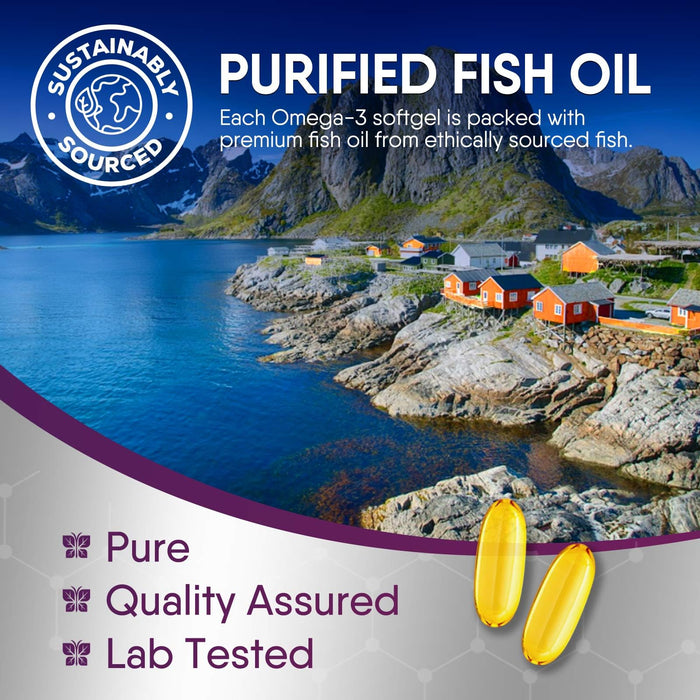 Omega 3 Fish Oil 2400 mg - Triple Strength Omega3, EPA & DHA Fatty Acids Supplement - Natural Support for Immune, Heart & Brain Health - Wild Caught, Non-GMO, Lemon Flavor, Burpless - 180 Softgels