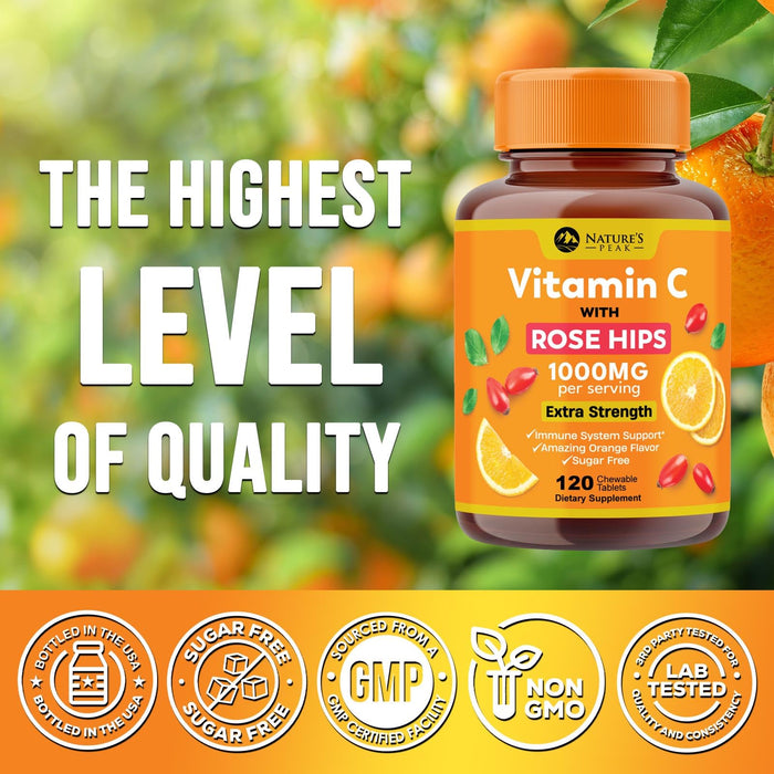 Vitamin C 1000mg Chewable Supplement - Extra Strength Immune Support Vitamin C Dietary Supplement with Rose HIPS, Nature's VitaminC Antioxidant Support, Natural, Vegan, Orange Flavor - 120 Tablets