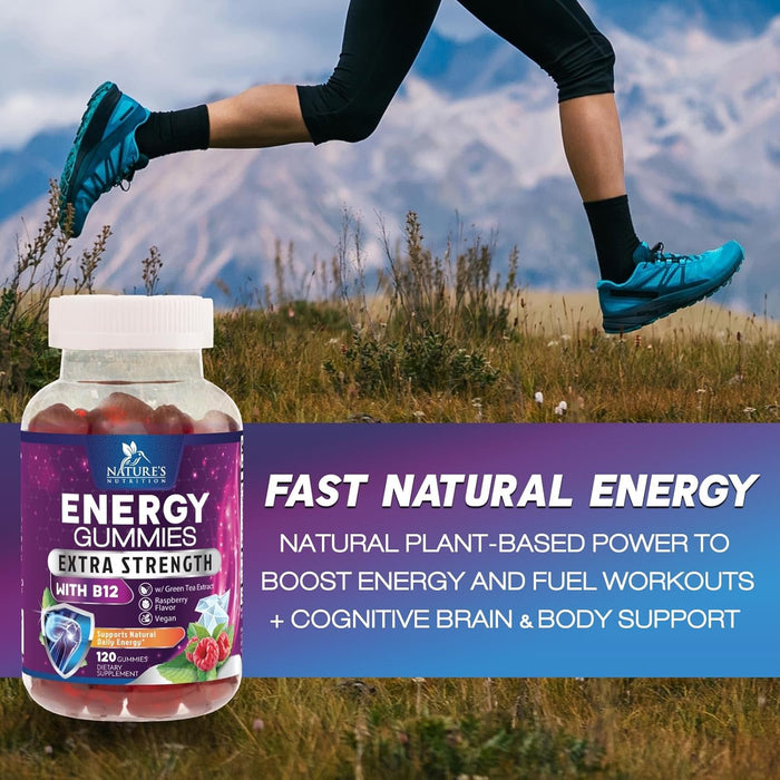 Energy Gummies 1000mcg - with Vitamin B12, Green Tea Natural Caffeine Support, Daily Energy Gummies - Delicious Berry Flavor B12 Chewable Exercise Supplement for Running Cycling & Sports - 120 Chews