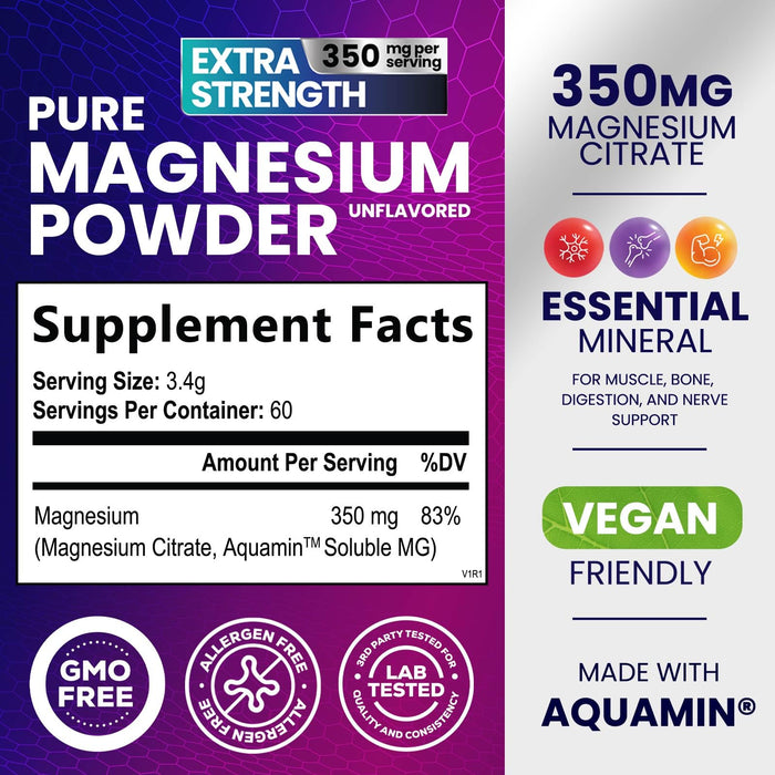 Magnesium Supplement Citrate Vegan Calm Magnesium Powder, High Strength Absorption Drink Mix Supplements to Support Natural Muscle Health, Gluten Free, Non-GMO & Bottled in USA - 7.2 oz - 60 Servings