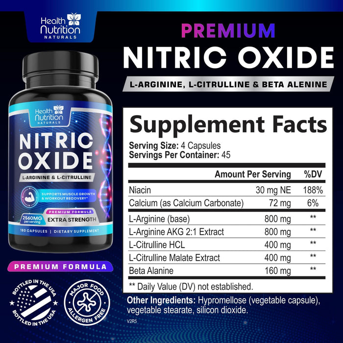 Extra Strength Nitric Oxide Supplement 3X Strength L Arginine, Citrulline Malate, AAKG, Beta Alanine - Premium Muscle Supporting Nitric Booster - Natural Energy & Heart Health Support - 180 Capsules
