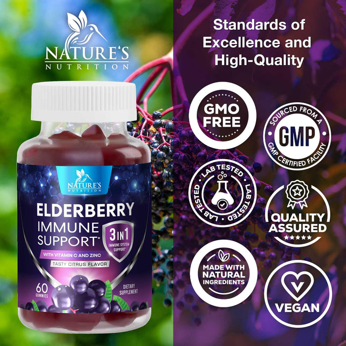 Sambucus Elderberry Immune Support Gummies for Kids & Adults, Elderberry Extract Gummy with Vitamins with Vitamin C, D3, Zinc, Immune Health Support Gummy Supplement, Black Elder Berry - 60 Gummies