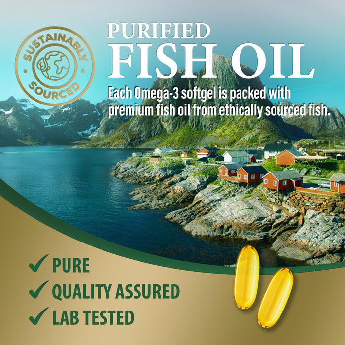 Omega 3 Fish Oil Pills 2400mg - Triple Strength Omega 3 Fish Oil Supplements - Best EPA & DHA Fatty Acids for Brain & Heart Health Support, Nature's Omega3 Supplement, 30 Day Supply - 60 Softgels