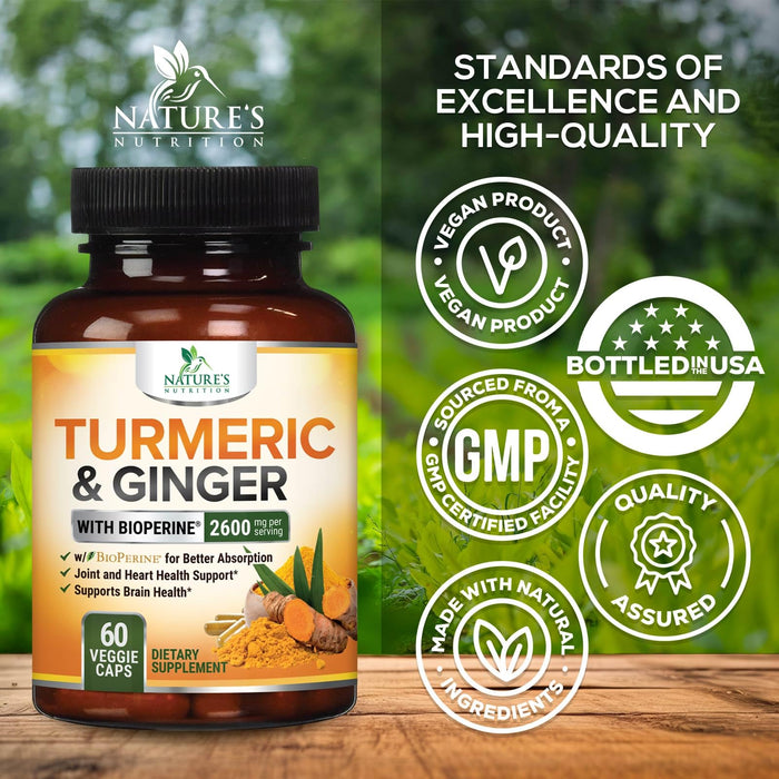 Turmeric Curcumin Supplement 2600mg with Organic Ginger & Turmeric, BioPerine Black Pepper Extract 95% Curcuminoids - Advanced Absorption Joint & Antioxidant Extra Strength Support - 60 Capsules