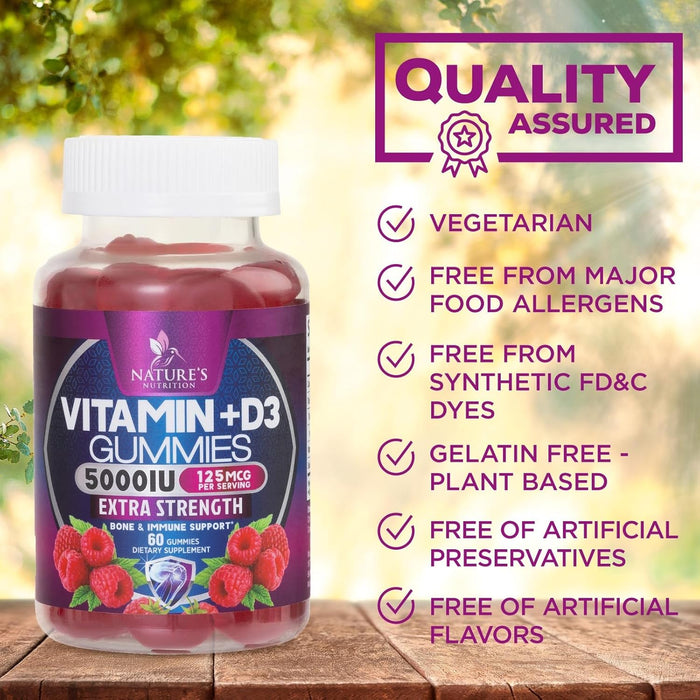 Vitamin D3 Supplement Gummy 5000 IU (125 mcg) Dietary Vitamins D for Men & Women - Bone, Teeth, Muscle and Immune Health Support, High Potency VIT D3 Nature's Non-GMO & Gluten Free - 60 Gummies