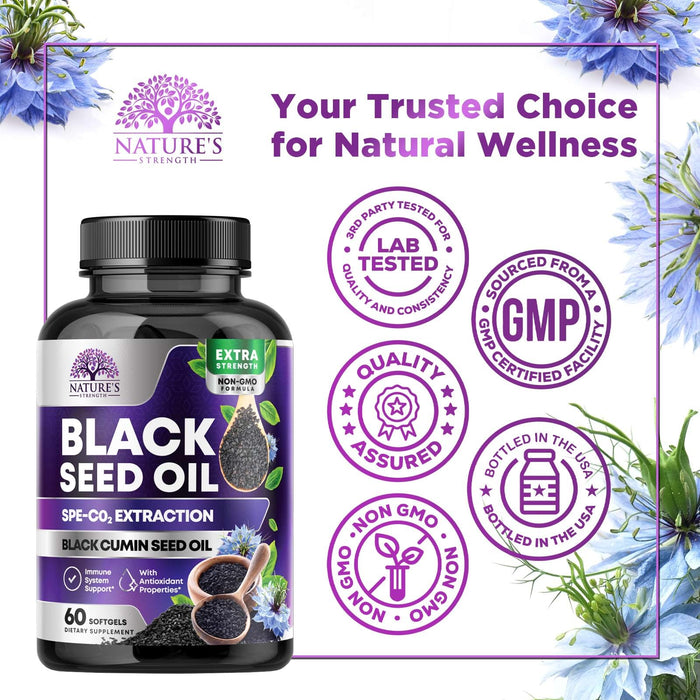 Black Seed Oil Capsules 1000mg with Thymoquinone - Pure Nigella Sativa for Skin Health & Immune Support, 100% Blackseed Oil, Amazing Extraction Above Cold Pressed Black Cumin Seed - 60 Softgels