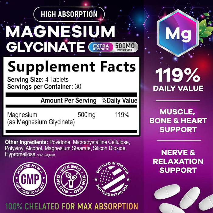 Magnesium Glycinate 500mg - Chelated for Ultra Absorption - Supports Bone, Muscle, Nerves & Heart Health, Nature's Sleep Support, Best Magnesium Supplement Pills for Whole Body Support - 120 Tablets