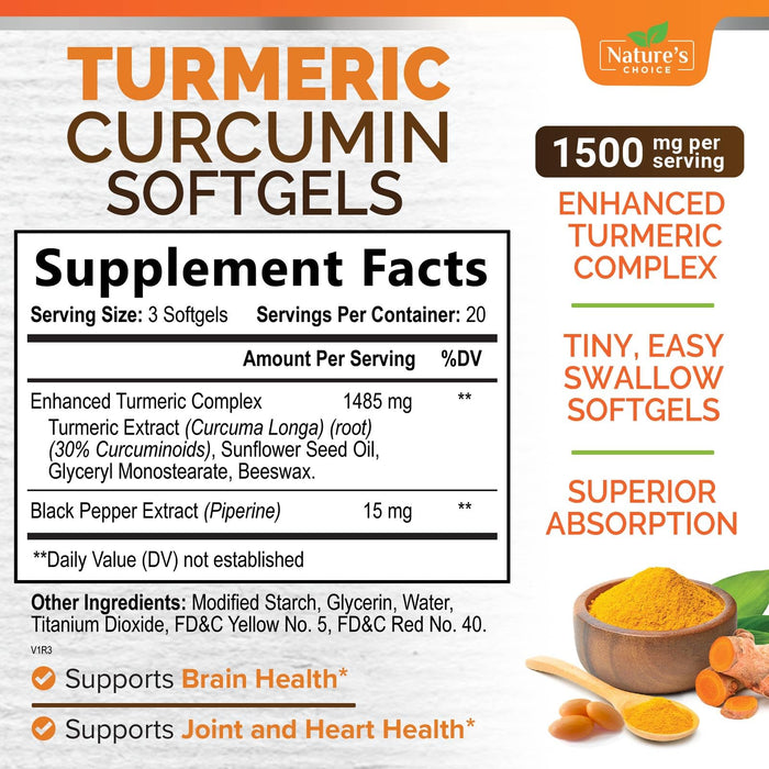 Turmeric Curcumin Supplement 1500mg with Curcuminoids - Tumeric Extract & Black Pepper for Best Advanced Absorption, Nature's Joint Herbal - Immune, Brain, Heart Support, Vegan & Non-GMO - 60 Softgels