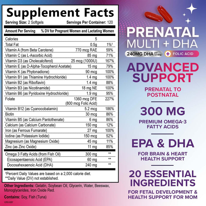 Prenatal Vitamins with Folic Acid & DHA, Fetal Brain Development Support with Folate & Omega 3's, Prenatal Multivitamin for Women, Vitamin A, C, D, B6, B12 & Iron, Pregnancy Supplement - 240 Softgels