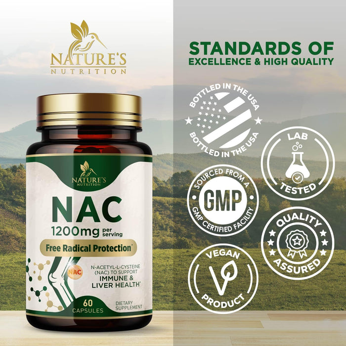 NAC Supplements N-Acetyl L-Cysteine (NAC) 1200 mg - NAC Supplement for Lung Health & Immune Support, Liver Support & Antioxidants, Freefrom N-Acetylcysteine, Gluten Free, Non-GMO, 60 Veggie Capsules