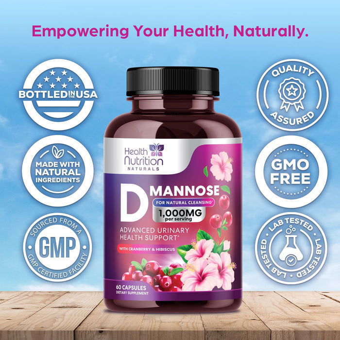 D-Mannose Supplement 1,350mg with Cranberry, Hibiscus & Dandelion - Fast-Acting, Natural Bladder & Urinary Tract Support for Women & Men – Flush & Cleanse Impurities – Non-GMO, Vegan – 60 Capsules