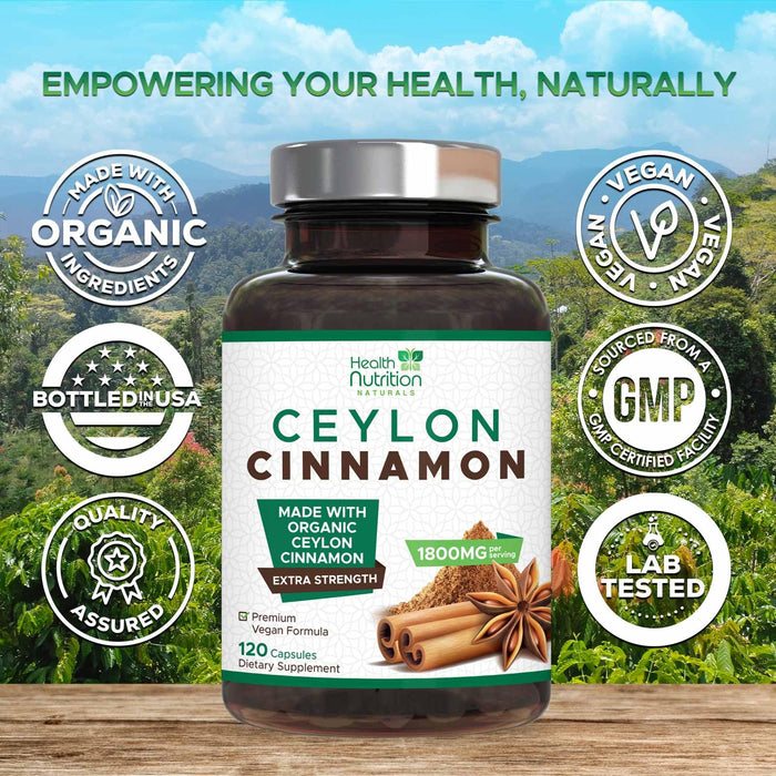 Ceylon Cinnamon Capsules 1800mg - Certified Organic Ceylon Cinnamon Powder Supplement, Bottled in USA, Extra Strength Energy & Heart Support Pills, Non-GMO & Gluten Free, Sugar Free - 120 Capsules