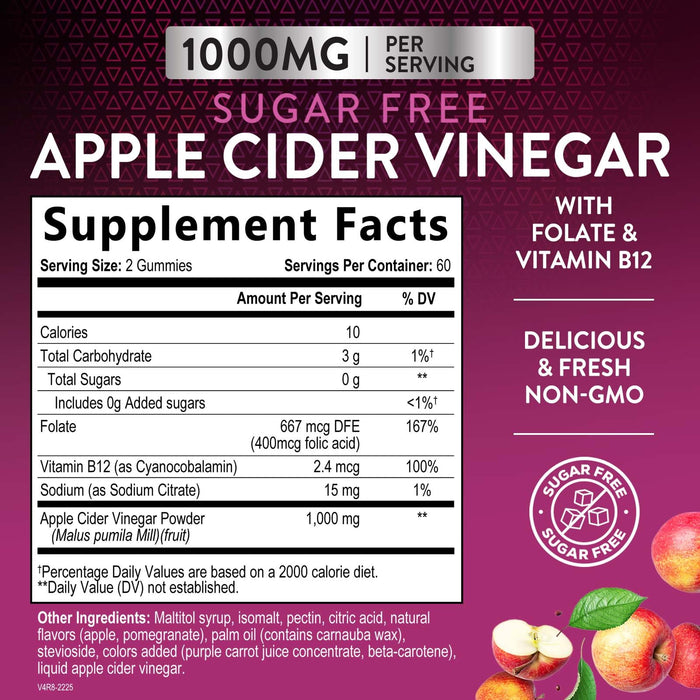 Apple Cider Vinegar Gummies for Weight Loss 1000mg - Vegan Apple Vinegar Gummy for Detox & Cleanse, ACV Supplement Pills, Vitamin B12, Sugar Free ACV Gummy, Non-GMO, Nature's Nutrition - 120 Gummies