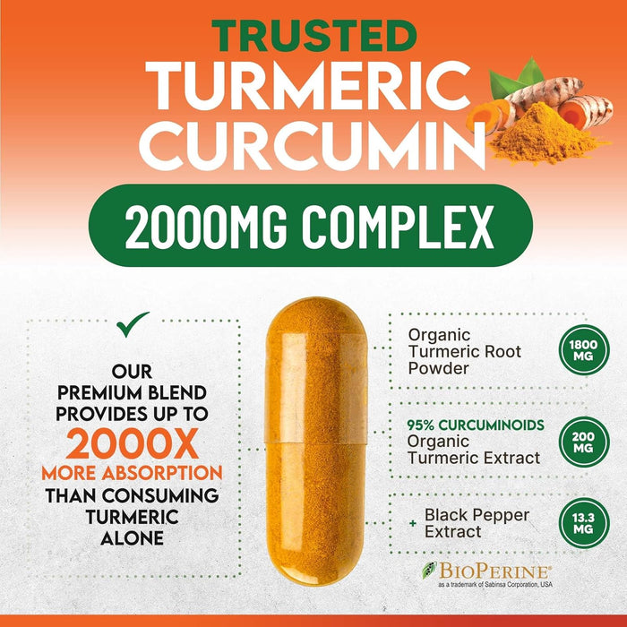 Turmeric Curcumin Supplement 2000mg - Nature's Joint & Immune Support, Organic Tumeric & BioPerine Black Pepper for Best Absorption with 95% Curcuminoids, Non-GMO, Bottled USA - 120 Count