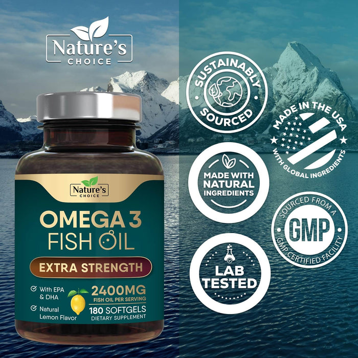 Omega 3 Fish Oil Supplement 2400 mg - Triple Strength EPA & DHA Fish Oil Omega 3, Essential Fatty Acids Supplement Softgels, Brain & Heart Health Support Supplements, Gluten Free Non-GMO, 180 Softgels