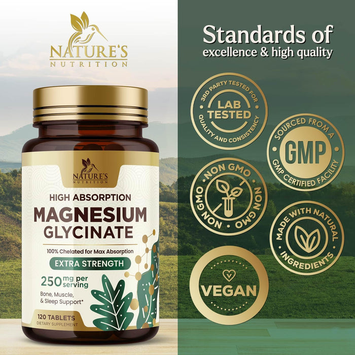 Magnesium (Glycinate) - Magnesium Supplement for Heart Health, Nerve, Muscle, Bone, and Sleep Support - 100% Chelated & High Absorption - 250 mg per Serving - Gluten Free, Vegan, Non-GMO - 120 Count
