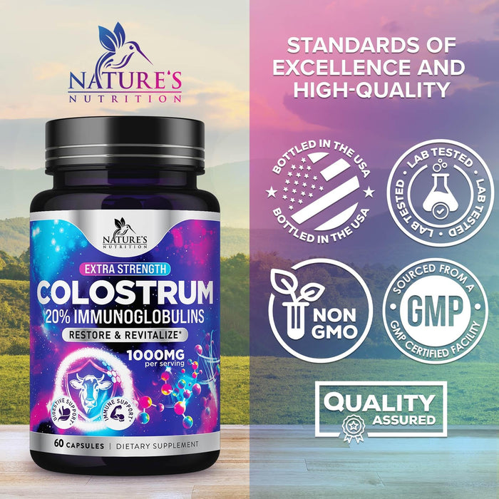 Colostrum For Women Supplement 1000mg 20% Immunoglobulins for Muscle, Skin & Hair Support - Gut Health Digestive & Immune Support - Bovine Colostrum Powder - Gluten Free & Unflavored - 60 Capsules