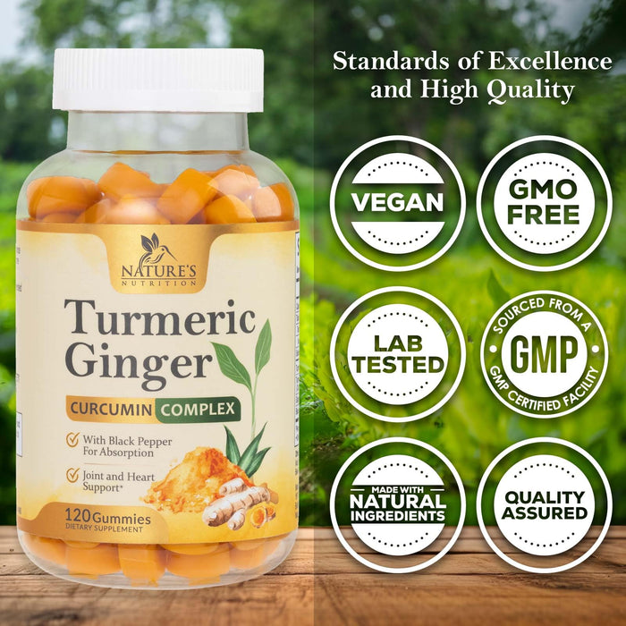 Turmeric Gummies with Black Pepper & Ginger for Best Absorption, 95% Curcuminoids Tumeric Curcumin Gummy, Nature's Herbal Extract Joint Support Supplement, Vegan Non-GMO, Peach Flavor - 120 Gummies