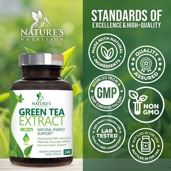 Green Tea Extract Capsules 1000mg 98% Standardized EGCG - 3X Strength for Natural Energy - Heart Support with Polyphenols - Gentle Caffeine - 240 Capsules