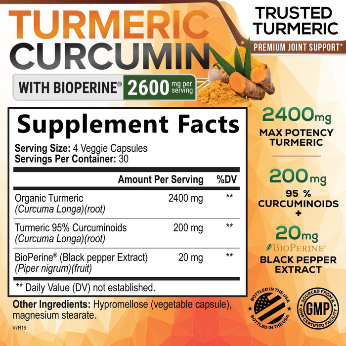 Turmeric Curcumin Supplement with BioPerine 95% Curcuminoids 2600mg with Black Pepper for Best Absorption, Bottled in USA, Best Natural Vegan Joint Support, Nature's Non-GMO Tumeric - 120 Capsules