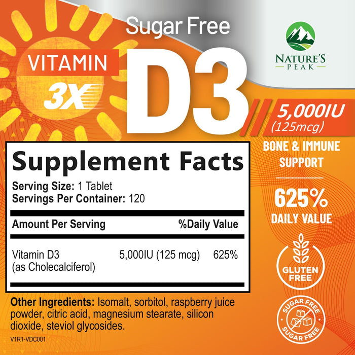 Vitamin D3 5000iu (125 mcg) Immune Health Support - High Potency Vitamin D Dietary Supplement for Bone, Teeth, Muscle - Nature's VIT D, Vegan, Gluten Free, Raspberry Flavor - 120 Chewable Tablets