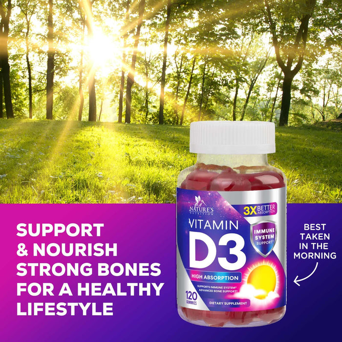 Vitamin D3 Supplement Gummy 5000 IU (125 mcg) Dietary Vitamins D for Men & Women - Bone, Teeth, Muscle & Immune Health Support, High Potency VIT D3 Nature's Non-GMO & Gluten Free - 120 Gummies