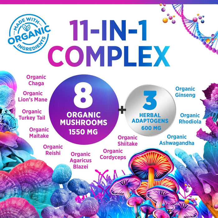 Brain Mushroom Powder - Mushroom Extract Powder, 11 in 1 Complex Mushroom Supplement with Organic Lions Mane, Reishi, Cordyceps, Chaga, Turkey Tail, Maitake for Energy & Immune Support - 60 Servings