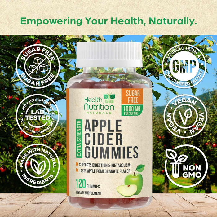 Apple Cider Vinegar Gummies - Sugar Free ACV Gummy Vitamins, Max Strength 1000mg, Supports Metabolism & Energy, Keto Friendly, Vitamin B12, Gelatin-Free, Gluten-Free, Vegan & Non-GMO - 120 Gummies