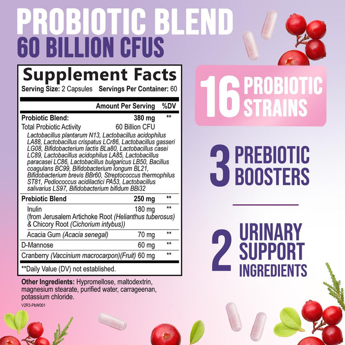 Probiotics for Women 60 Billion CFU - 16 Strains, Digestive Health, Vaginal pH & Immune Support, Prebiotics & Cranberry, Gut Health & Urinary Support, Shelf Stable Women's Probiotic - 120 Capsules