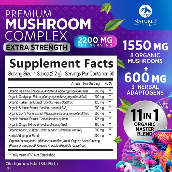 Brain Mushroom Powder - Mushroom Extract Powder, 11 in 1 Complex Mushroom Supplement with Organic Lions Mane, Reishi, Cordyceps, Chaga, Turkey Tail, Maitake for Energy & Immune Support - 60 Servings