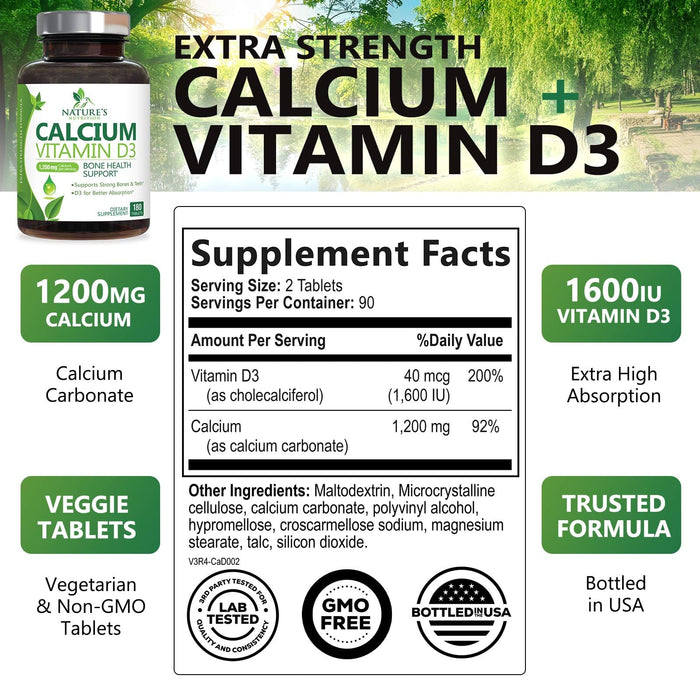 Calcium Supplement with Vitamin D - 1200 mg Calcium Carbonate with 1600 IU of D3 Vitamins - Supports Bone Strength, Teeth & Immune System - Natural & Easily Absorbable for Women & Men - 180 Tablets