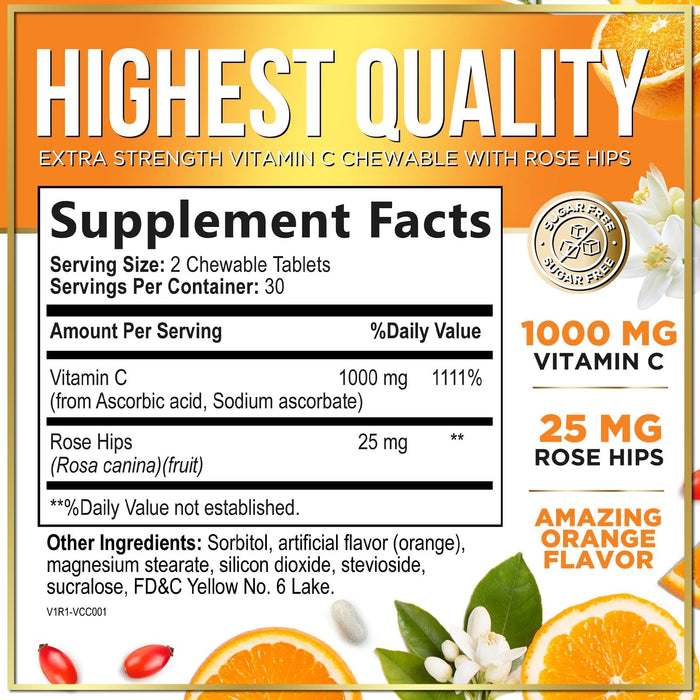 Vitamin C Supplement 1000mg - Extra Strength with Rose Hips Bioflavonoids - Sugar Free Vitamin C Chewable Pills, Nature's Vit C for Immune Support & Antioxidant Protection - 60 Chewable Tablets