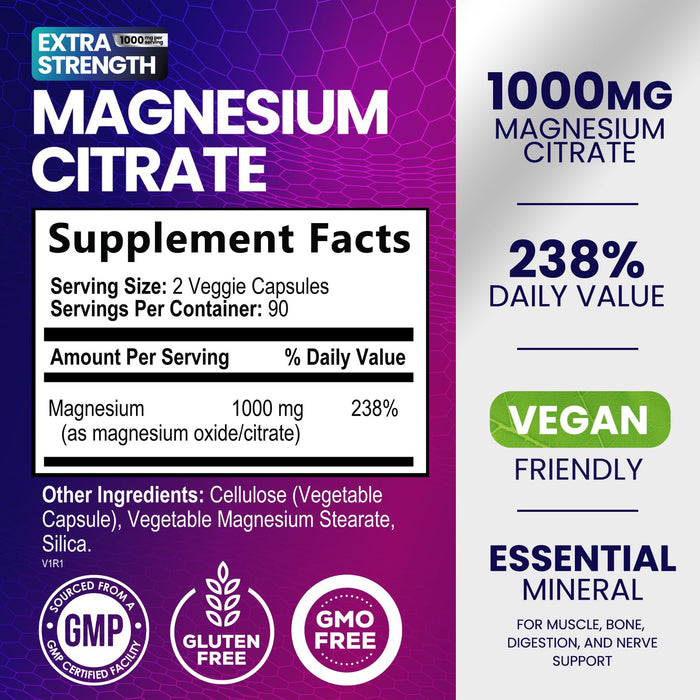 Magnesium Citrate Supplement 1000 mg for Best Absorption, Supports Bone, Heart Health, Nerves, Muscles, Metabolism & Calm, Nature's Pure Magnesio Vitamin Pills, Bottled in USA - 180 Capsules