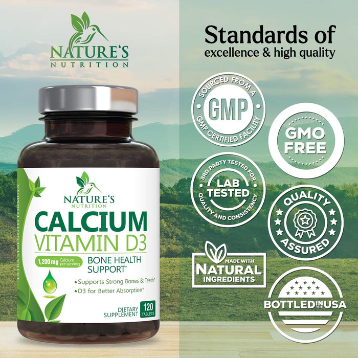 Calcium Supplement with Vitamin D - 1200 mg Calcium Carbonate with 1600 IU of D3 Vitamins - Supports Bone Strength, Teeth & Immune System - Natural & Easily Absorbable for Women & Men - 120 Tablets