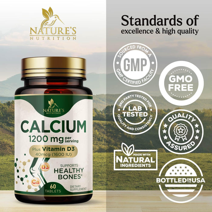 Calcium 1200 mg with Vitamin D3, Calcium Supplement Vitamins, Supports Bone Strength, Teeth & Immune System, Calcium Supplements for Women & Men, Nature's Absorbable Calcium Carbonate - 60 Tablets