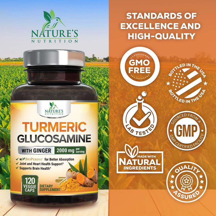 Turmeric Curcumin Supplement 2000mg with Glucosamine Chondroitin & Ginger, 95% Curcuminoids, BioPerine Black Pepper for Best Absorption, Nature's Joint Support, Non-GMO, Bottled in USA - 120 Capsules