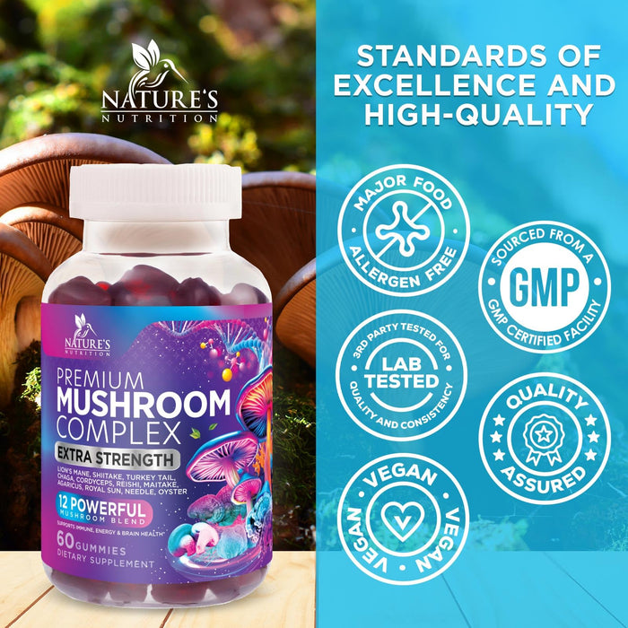 Mushroom Supplement Gummies - 12 in 1 with Lions Mane, Reishi, Cordyceps, Chaga & Turkey Tail Mushroom Complex, Immune Support & Nootropic Brain Supplements for Memory, Energy & Focus - 60 Gummies
