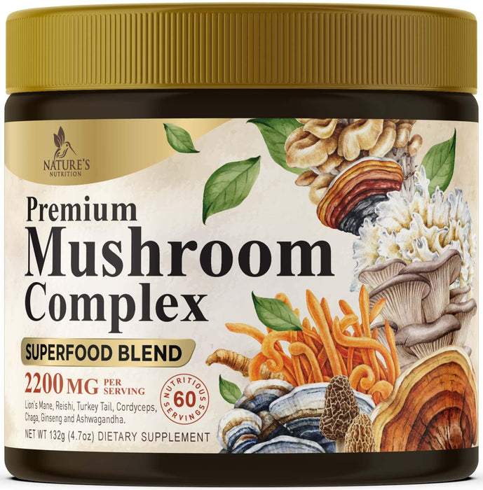 Mushroom Supplement Powder - 11 in 1 Complex Formula Powder with Organic Lions Mane, Reishi, Cordyceps, Chaga, Turkey Tail, Maitake Extract for Memory, Brain, Energy, & Immune Support - 60 Servings