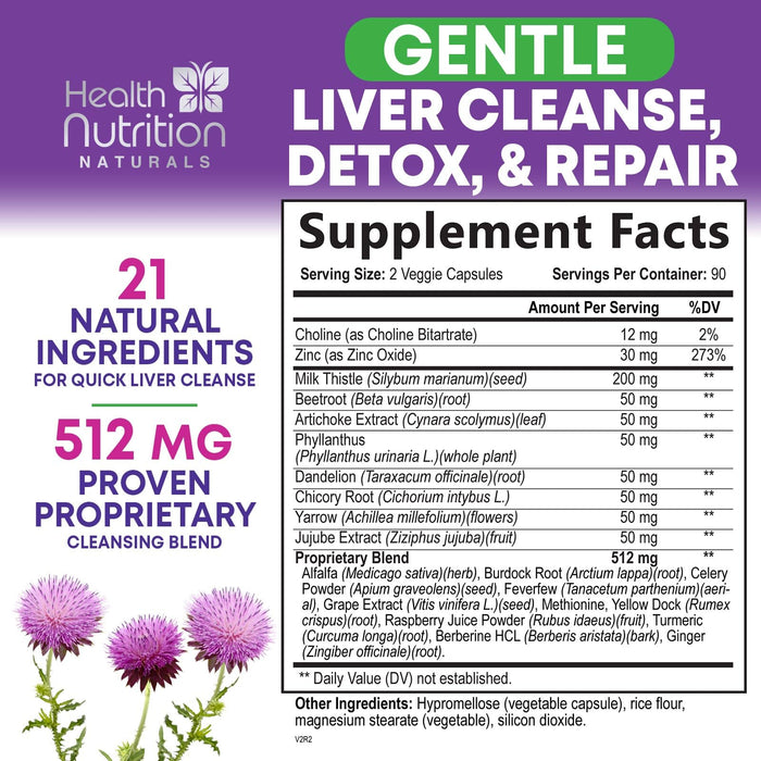 Gentle Liver Cleanse Detox & Repair Formula - Herbal Liver Support Supplement: Milk Thistle with Silymarin, Artichoke Extract, Dandelion, Beet, Chicory Root, & Turmeric for Liver Health - 180 Capsules