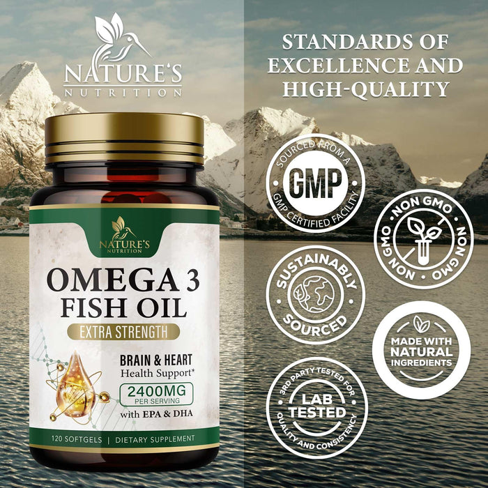 Omega 3 Fish Oil Supplements - 2400 mg Triple Strength Omega3, EPA & DHA with Essential Fatty Acids - Natural Immune, Brain & Heart Health Support - Gluten Free, Non-GMO, Wild Caught - 120 Softgels