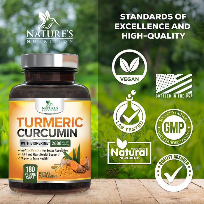 Turmeric Curcumin with BioPerine 95% Curcuminoids 2600mg with Black Pepper for Absorption – 180 Capsules