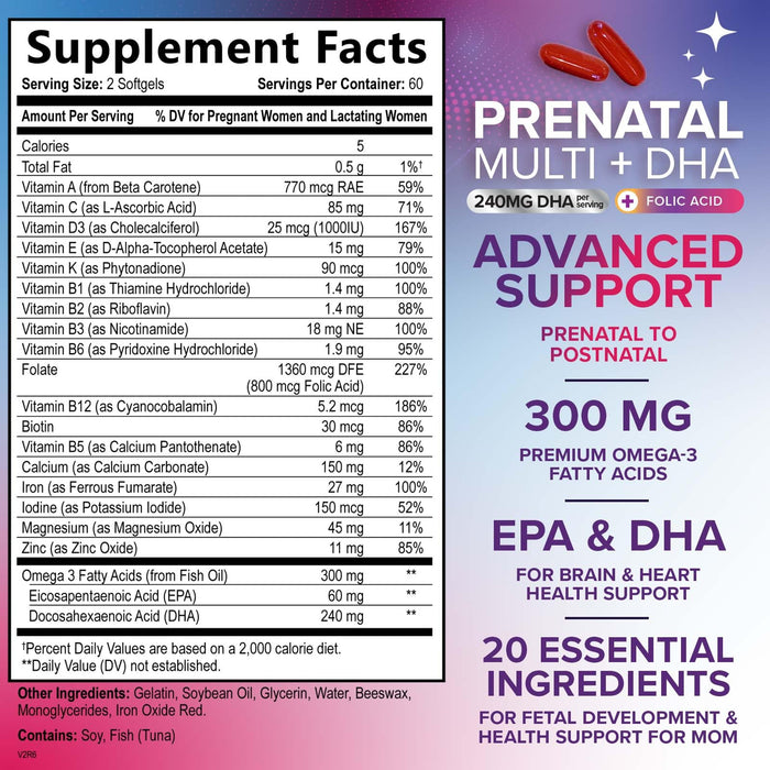 Prenatal Vitamins with Folic Acid & DHA, Fetal Brain Development Support with Folate & Omega 3's, Prenatal Multivitamin for Women, Vitamin A, C, D, B6, B12 & Iron, Pregnancy Supplement - 120 Softgels