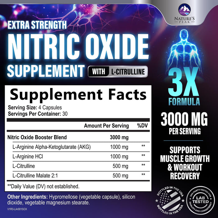 Nitric Oxide Formula with L-Arginine + Citrulline – 3000mg – 120 Capsules
