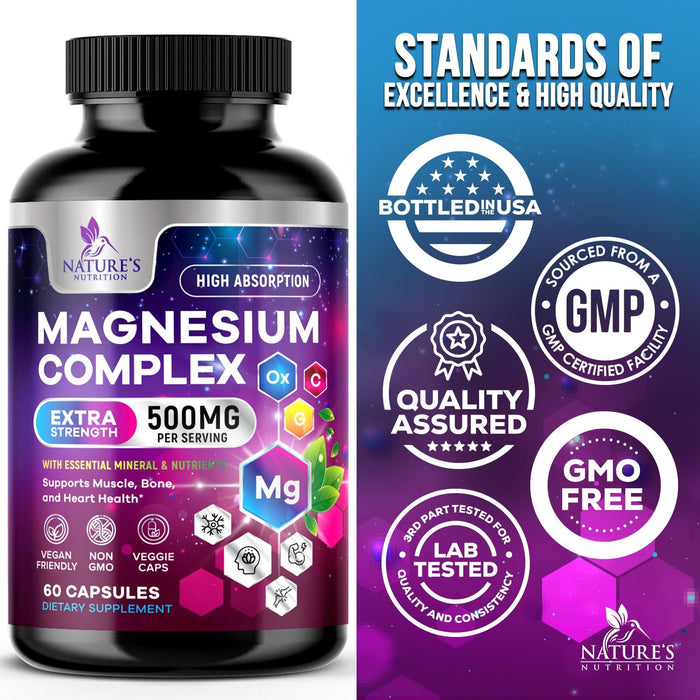 Magnesium Complex Supplement 500 mg - 5 in 1 High Absorption Chelated Magnesium Glycinate, Malate, Citrate, Oxide, Aquamin - Non-GMO Magnesio Capsules, Bone Muscle & Heart Health Support, 60 Capsules